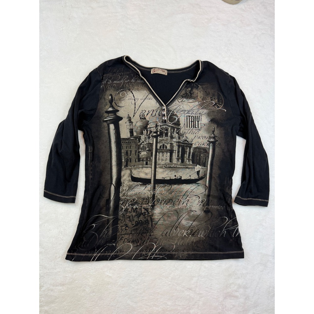 Blue Canyon Womens Venice Italy Graphic Top XL Black 3/4 Sleeve Cotton MJ08183